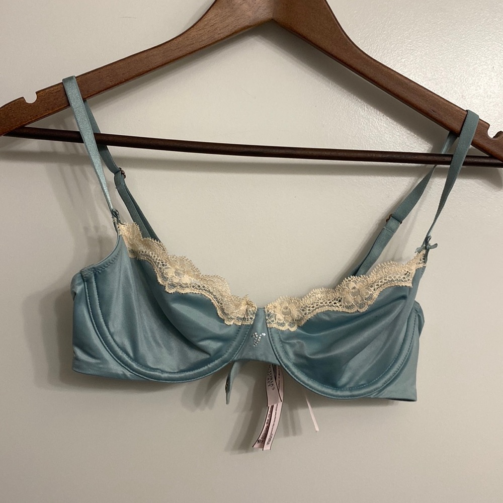 Teal satin and lace bra